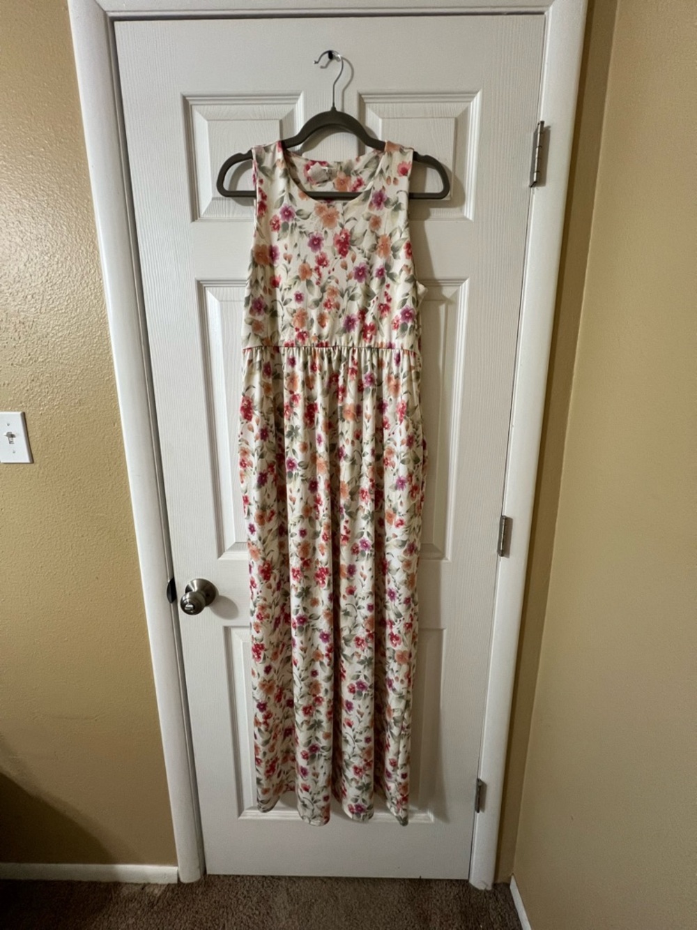 Cream Floral Maxi Dress with Pink & Coral Flowers